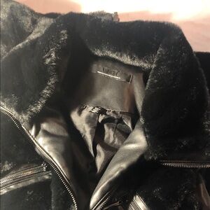 White House Black Market Black Leather Jacket with Faux Fur